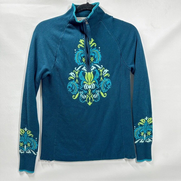 Athleta Sweaters - Athleta 1/4 Zip Floral Knit Sweater Blue Green Thumbholes Women's Size M